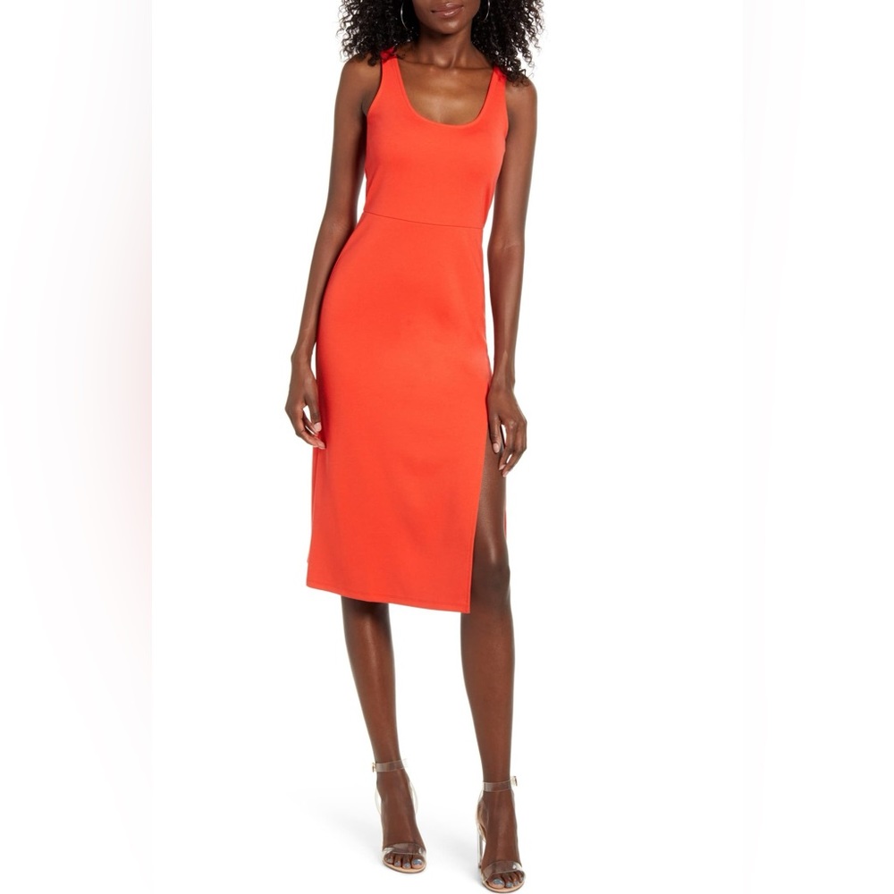 Leith Scoop Neck Midi Dress with Side Slit XS Red Poppy